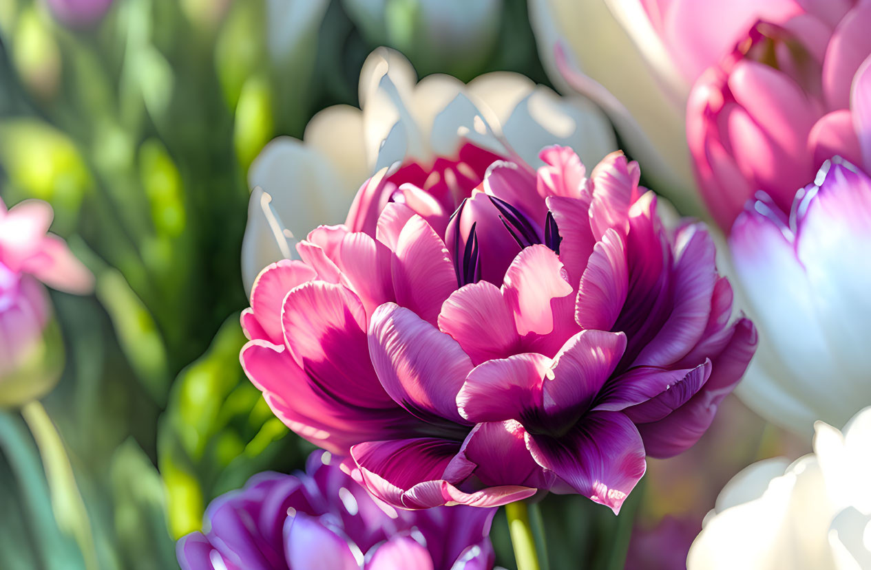 Vibrant purple tulip among pink and white flowers with sunlit bokeh background