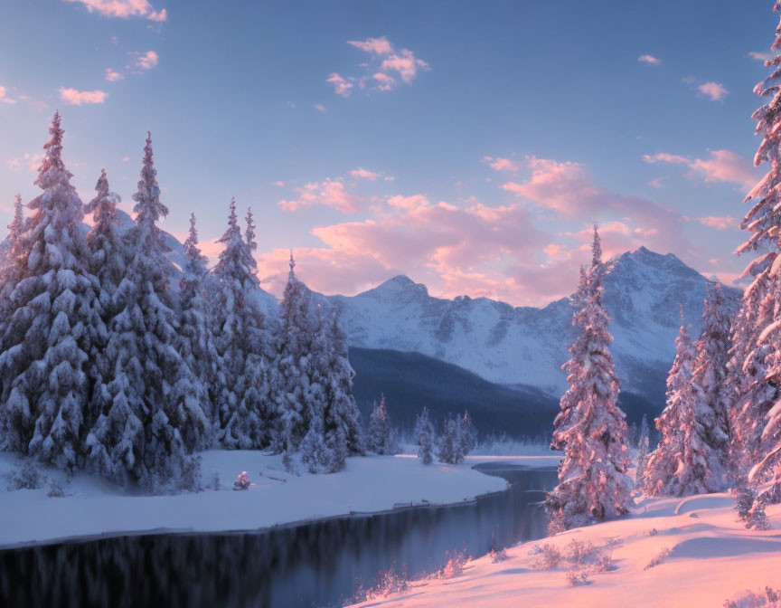 Winter landscape: Snowy trees, mountains, and pink sunrise over a serene river