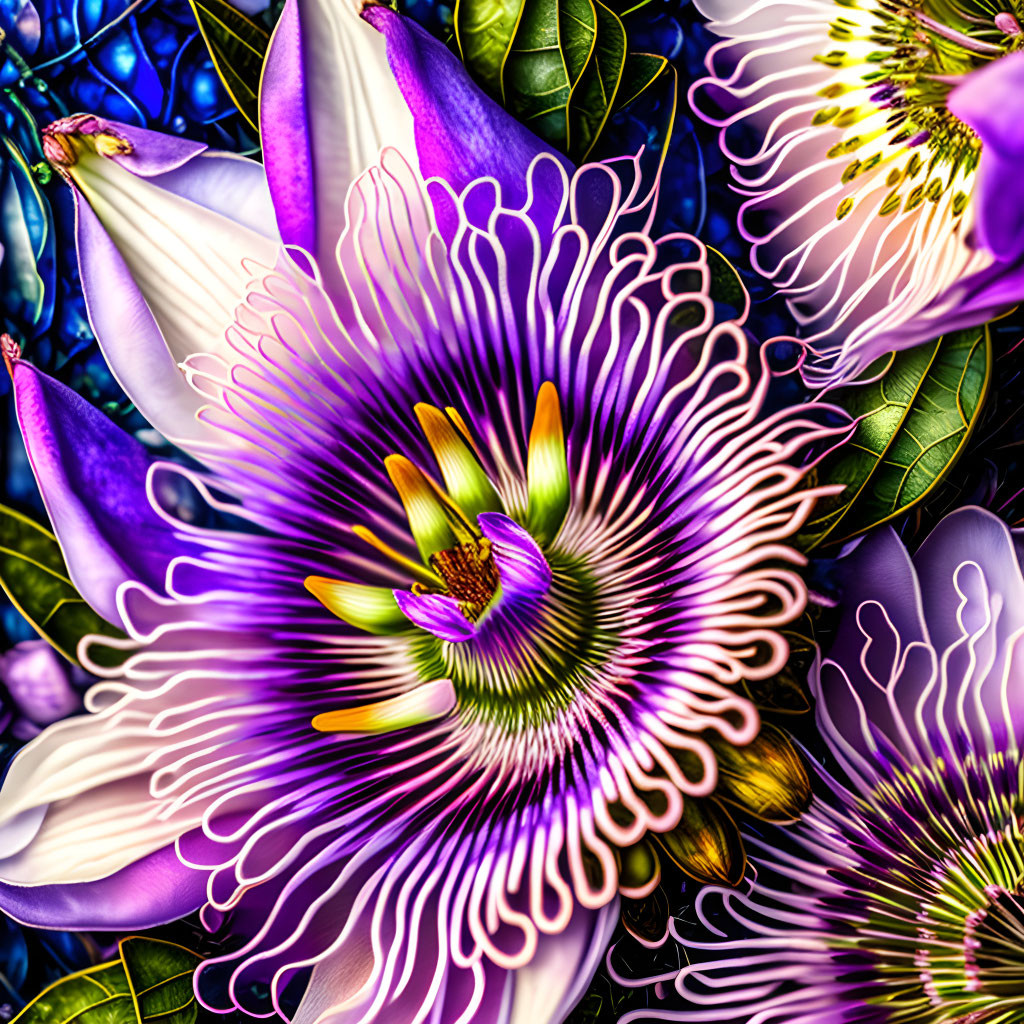 Detailed digital art: Stylized passion flowers in vivid purple, white, and gold hues on blue