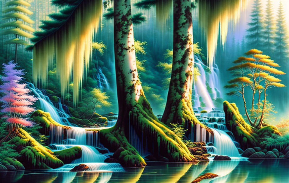 Lush, vibrant forest with towering trees and waterfalls