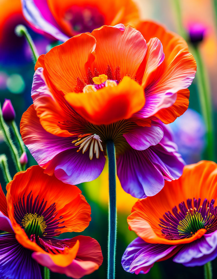 Colorful close-up of orange and purple poppies with detailed petals and stamens.