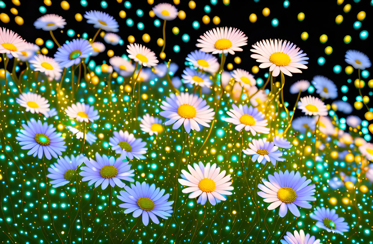 Field of White Daisies with Yellow Centers and Vibrant Bokeh Lights