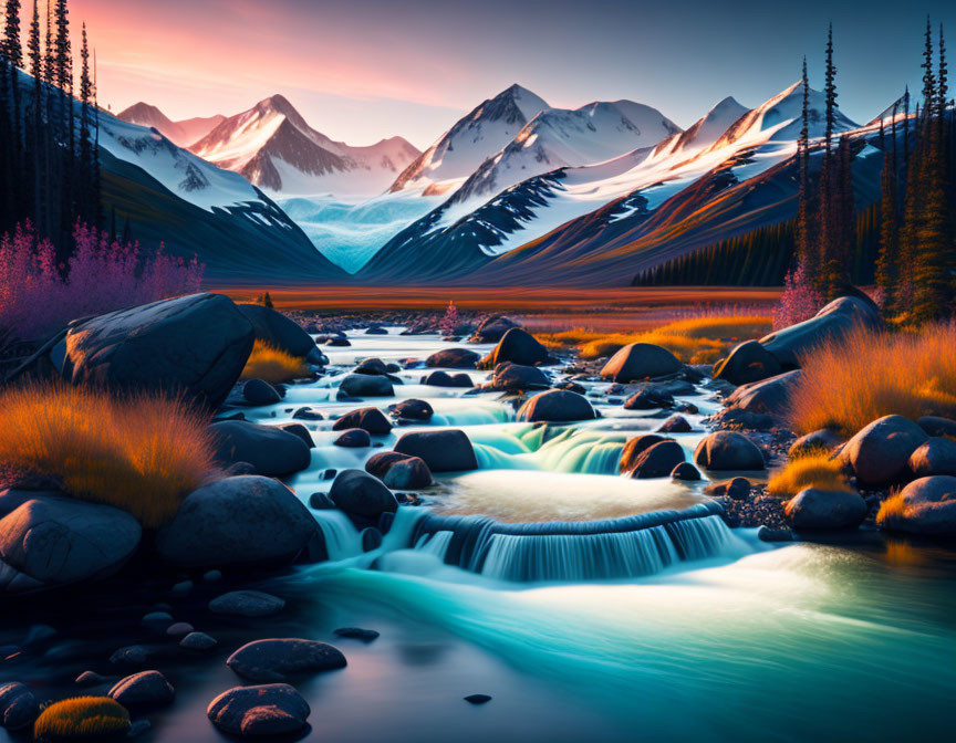 Tranquil mountain landscape with river, waterfalls, rocks, flora, and snow-capped peaks