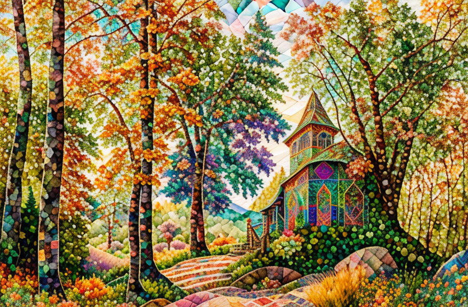 Vibrant, multicolored woodland scene with mosaic-like texture and stained-glass style house among