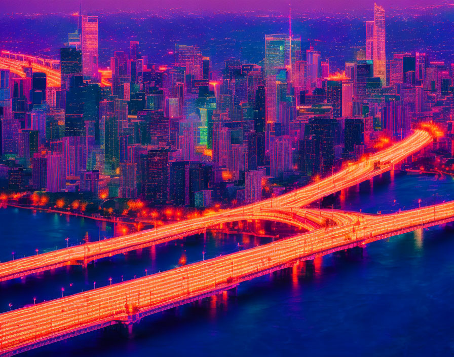 Neon-infused aerial cityscape at dusk with snaking highway and waterfront skyscrapers