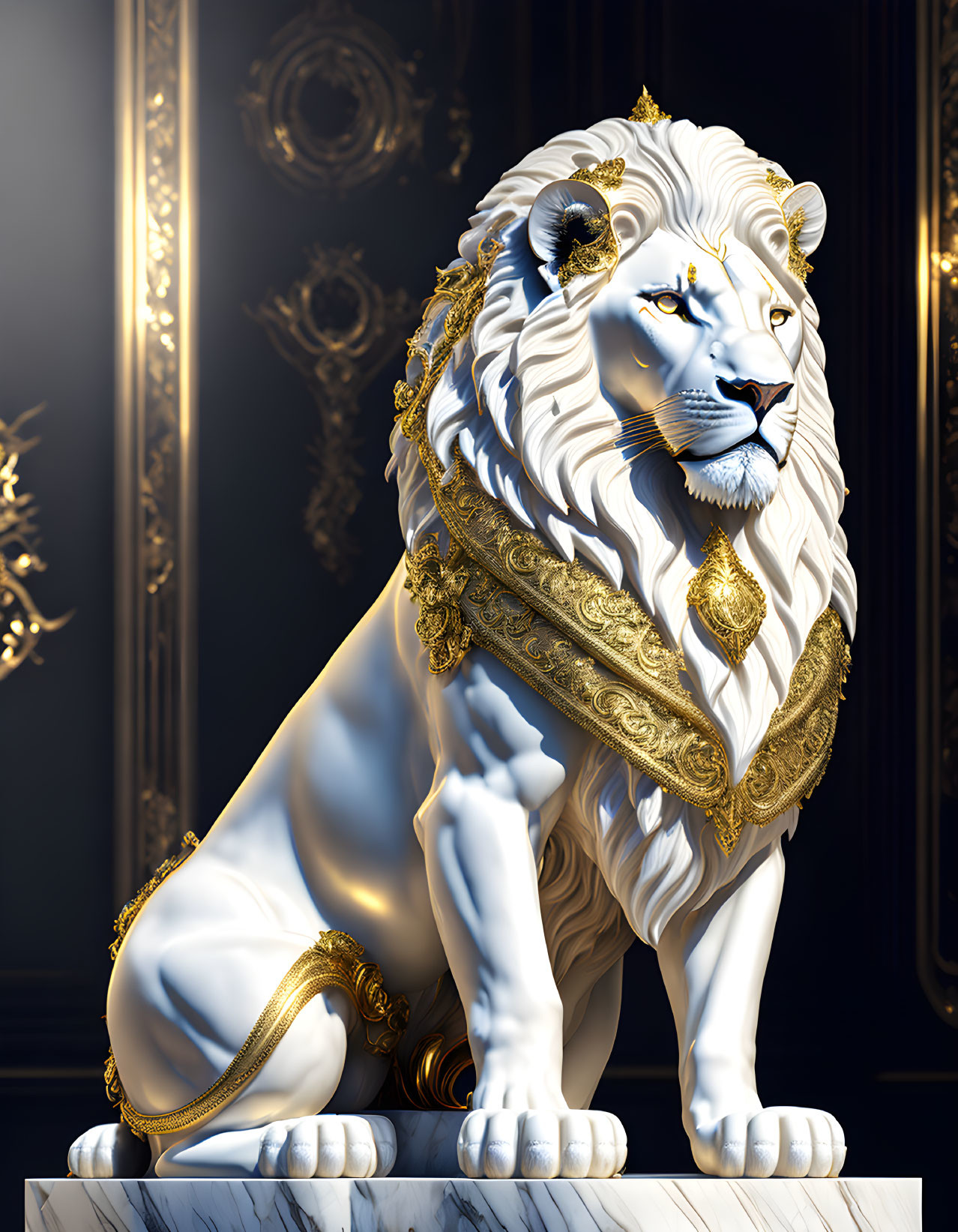 White Lion Sculpture with Golden Mane and Ornate Decorations on Pedestal