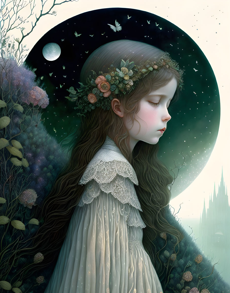 Girl with Flower Crown in Night Sky Halo and Crescent Moon Environment