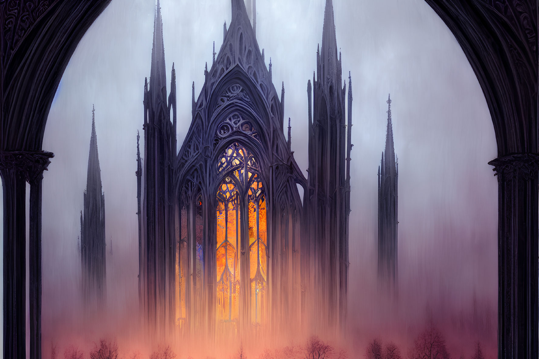 Gothic Cathedral with Stained Glass Window and Arches in Misty Dawn Sky