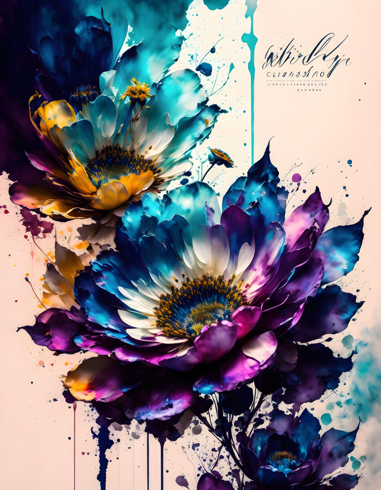 Abstract Ink-Style Flowers in Blue and Purple on Pink Background