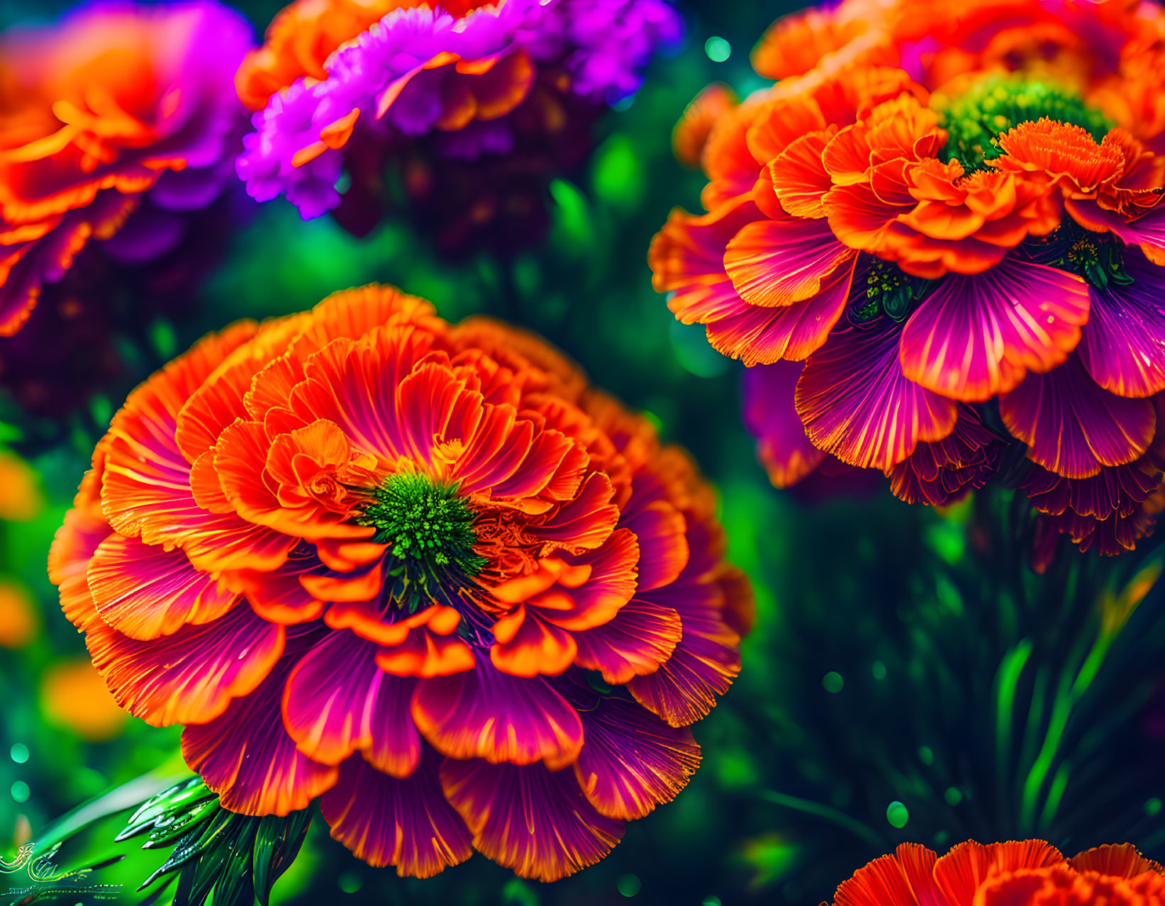 Colorful Close-Up of Orange and Purple Flowers with Detailed Petals