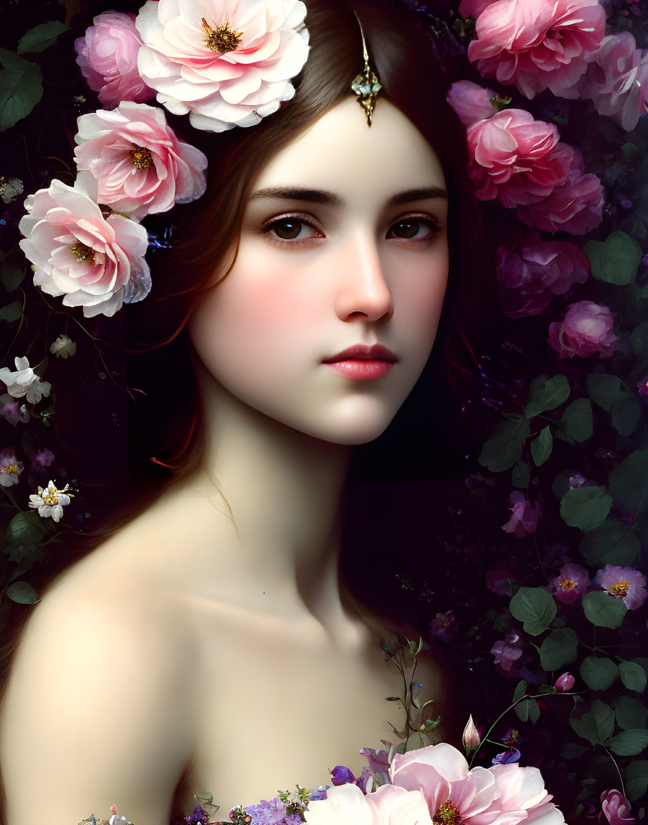 Portrait of woman with fair skin and dark hair surrounded by pink and purple flowers