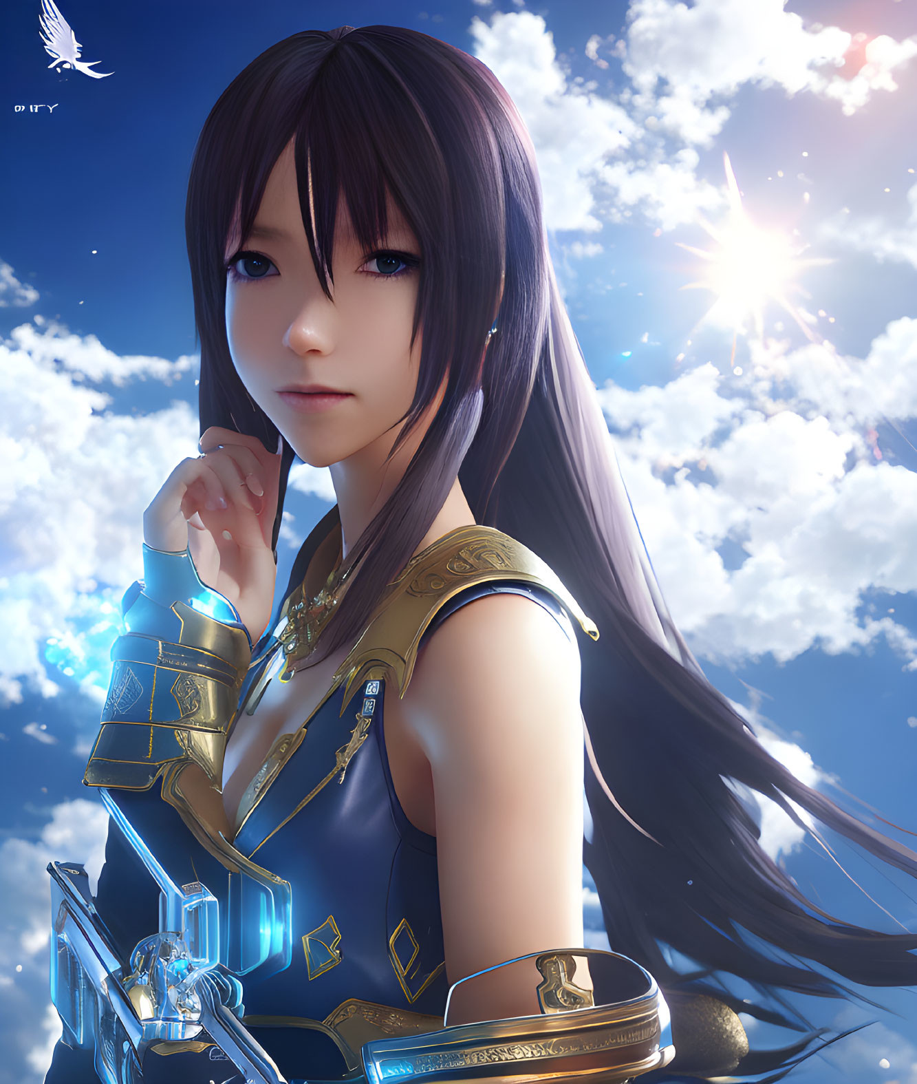 Female character with long black hair in blue and gold armor under a bright sun