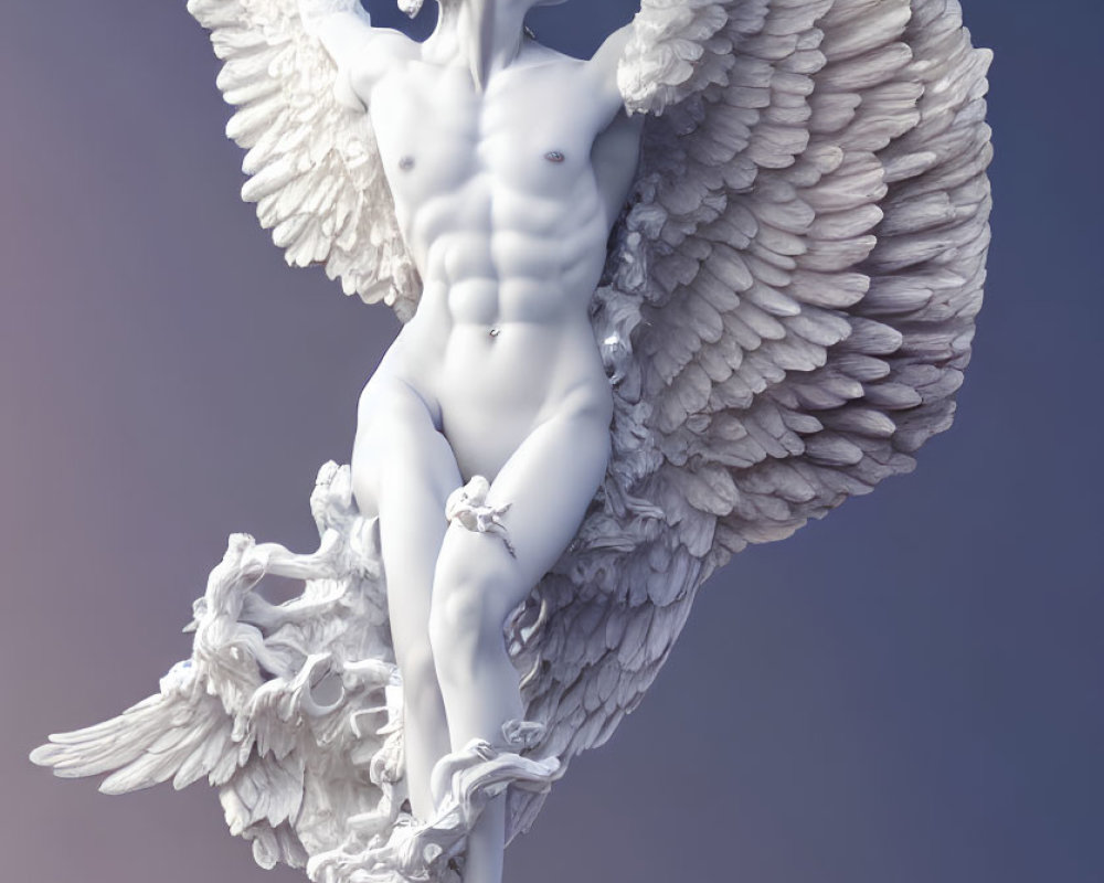 Detailed 3D rendering of classical angel statue with marble wings on ombré background