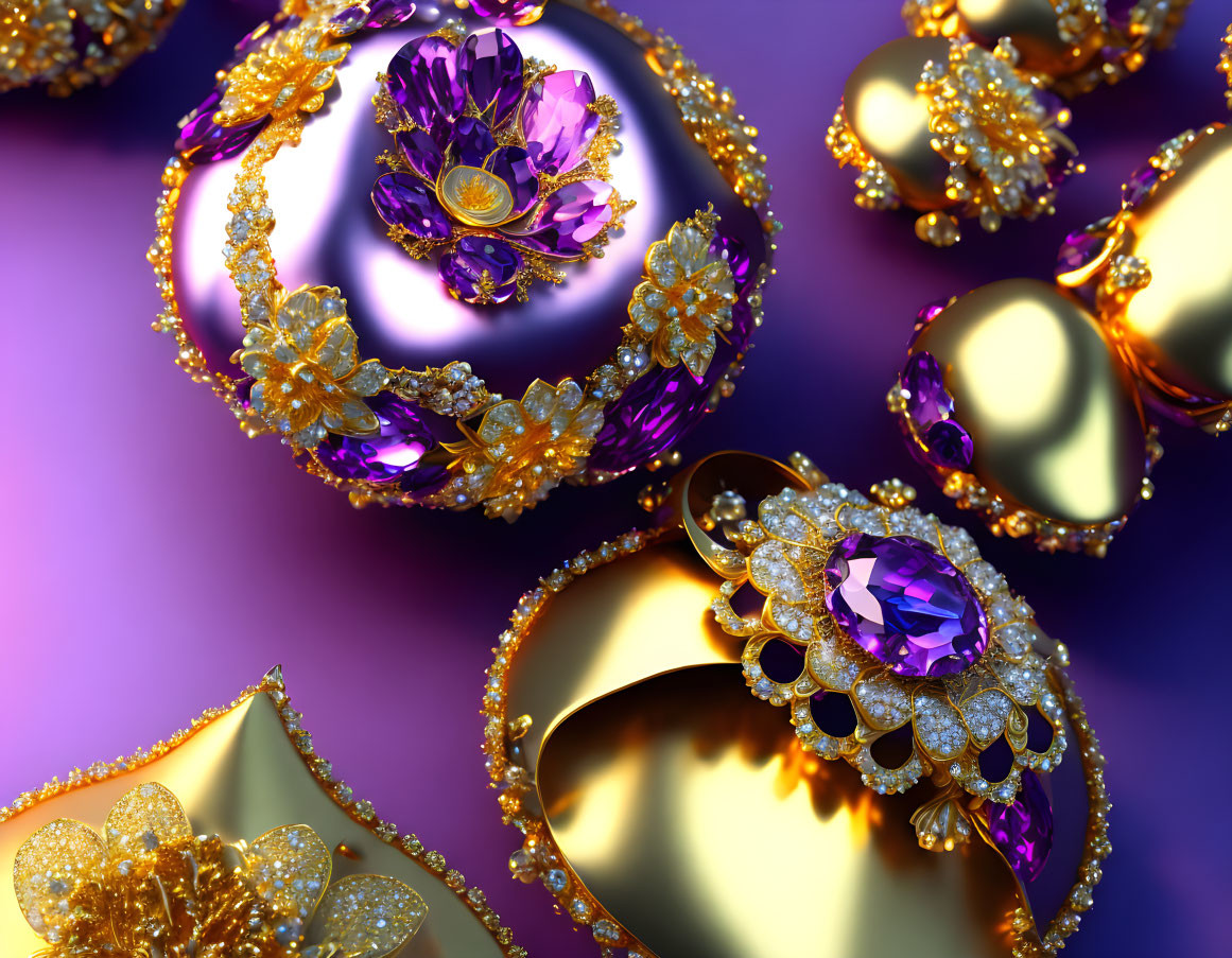 Golden Ornaments with Purple Gemstones on Reflective Violet Surface