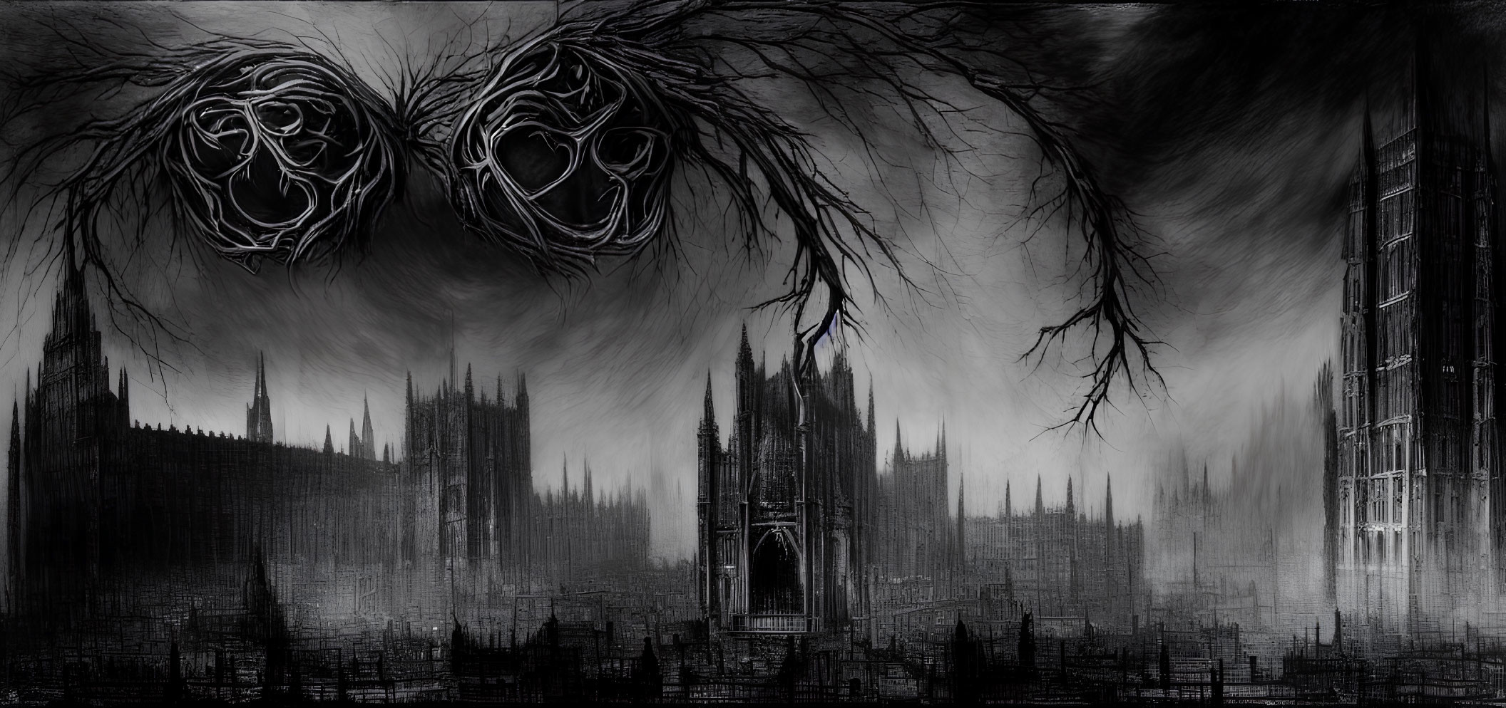 Monochrome gothic landscape with cathedral, bare trees, and swirling vortexes.