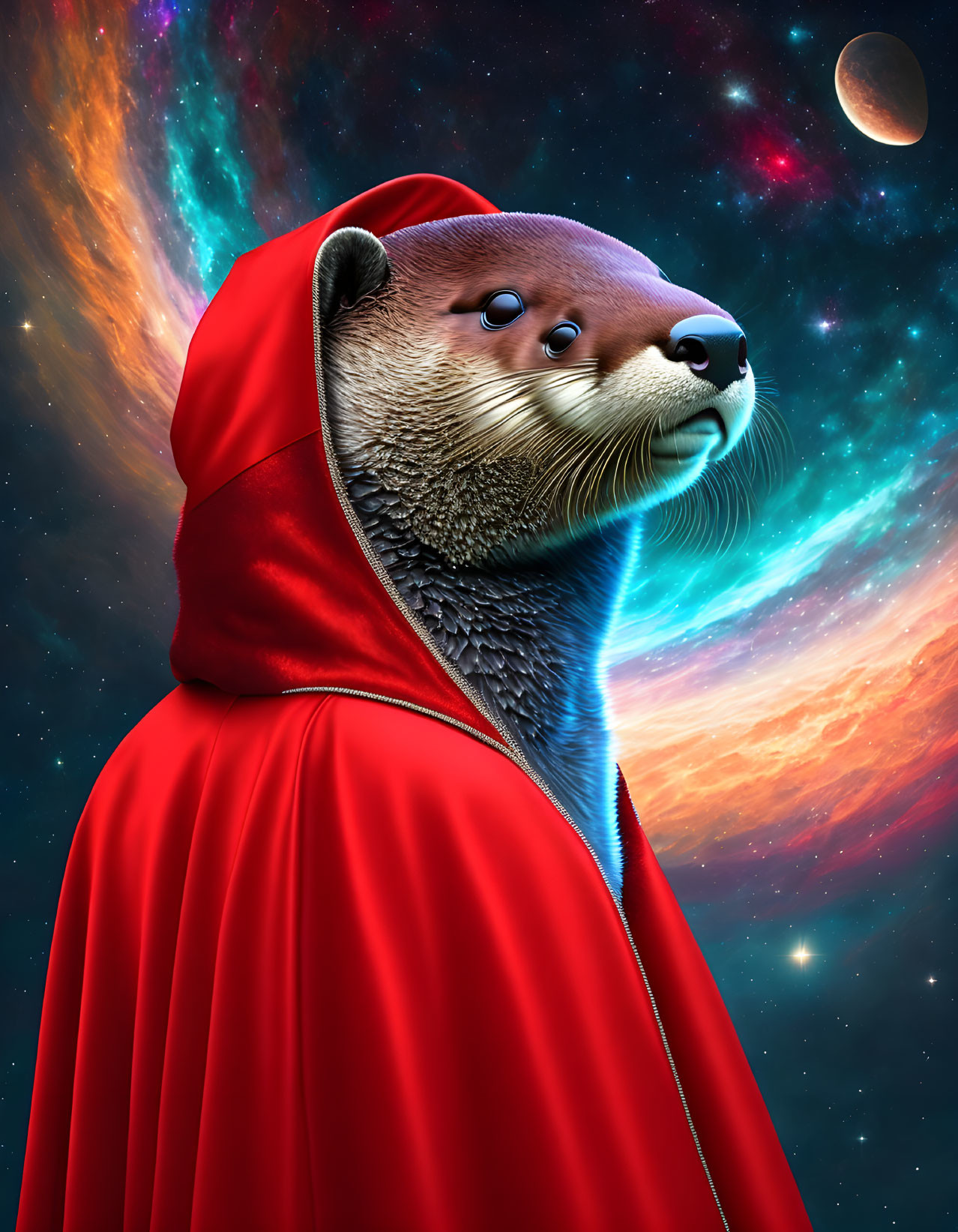 Otter in red hood against cosmic backdrop with galaxies.