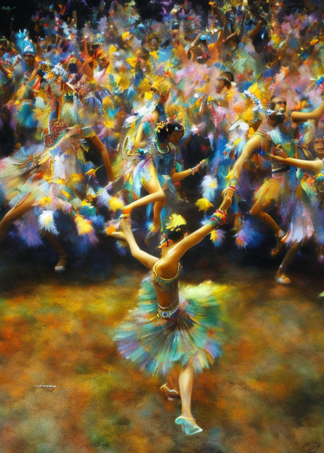 Colorful Spirited Dance Celebration with Elaborate Costumes