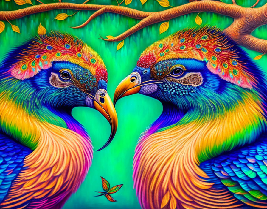 Colorful Peacock Artwork Against Lush Green Background