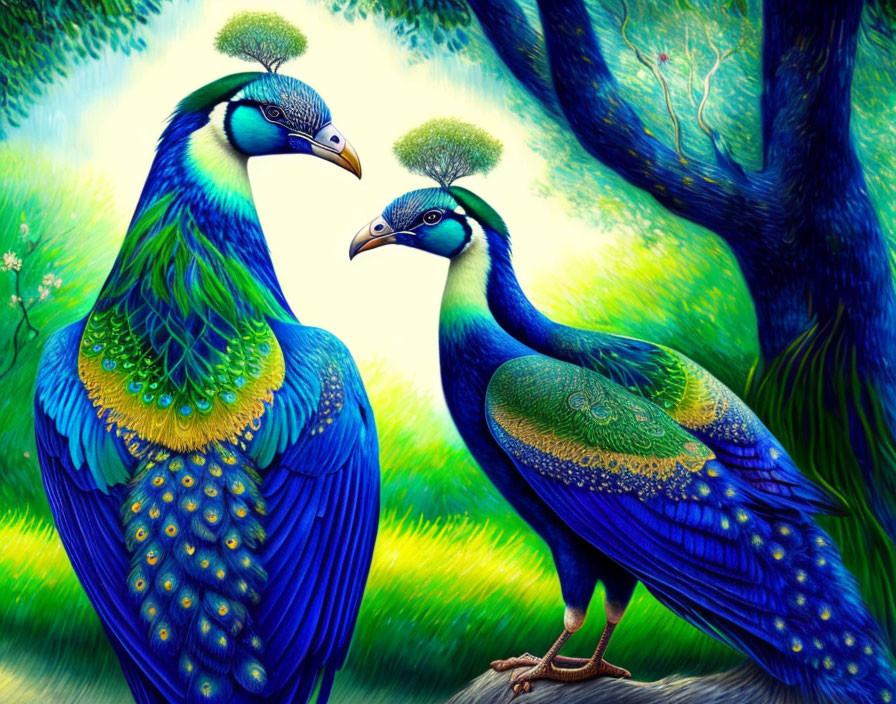 Vibrant Peacocks with Green and Blue Feathers in Fantastical Forest