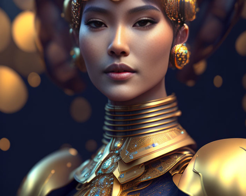 Digital art portrait of a woman in golden armor against dark background