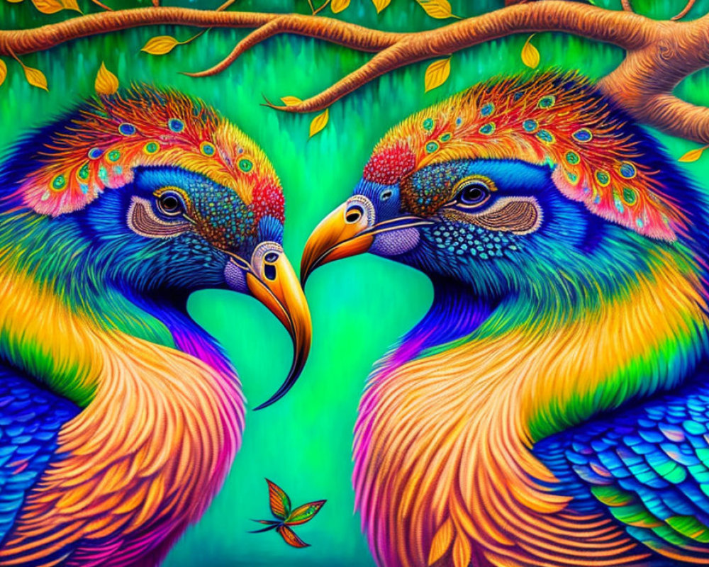 Colorful Peacock Artwork Against Lush Green Background