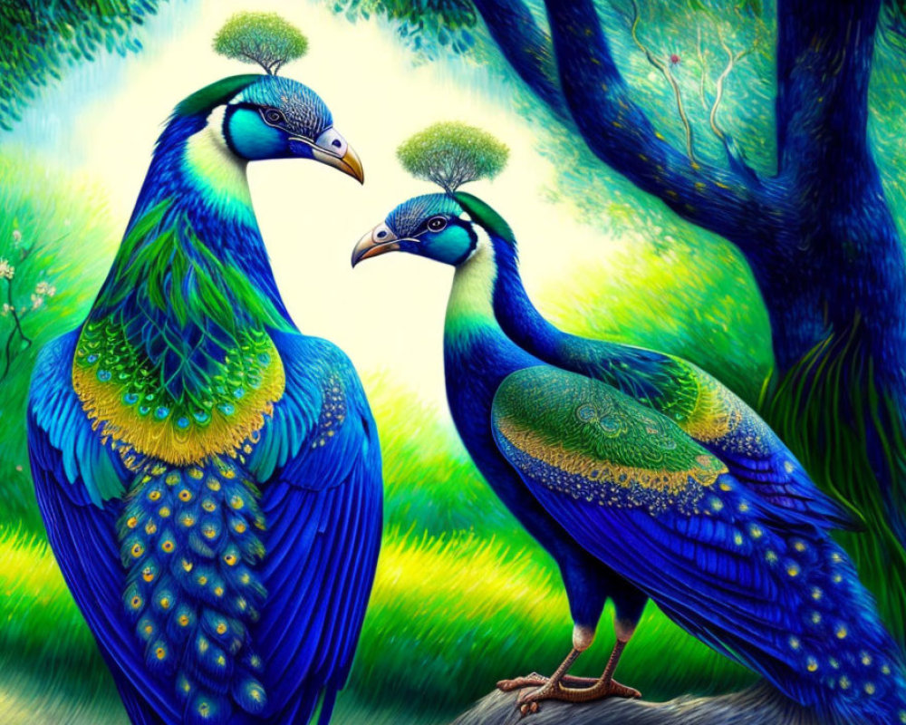 Vibrant Peacocks with Green and Blue Feathers in Fantastical Forest