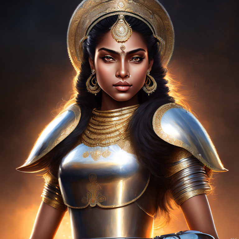 Warrior woman digital artwork in ornate golden armor against fiery backdrop