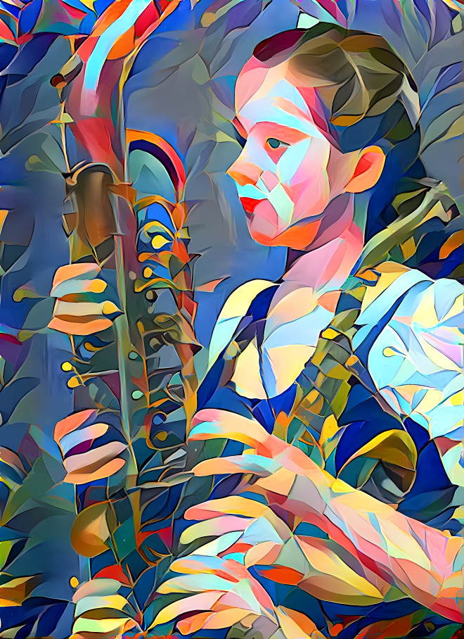 a girl plays the saxophone in the foliage