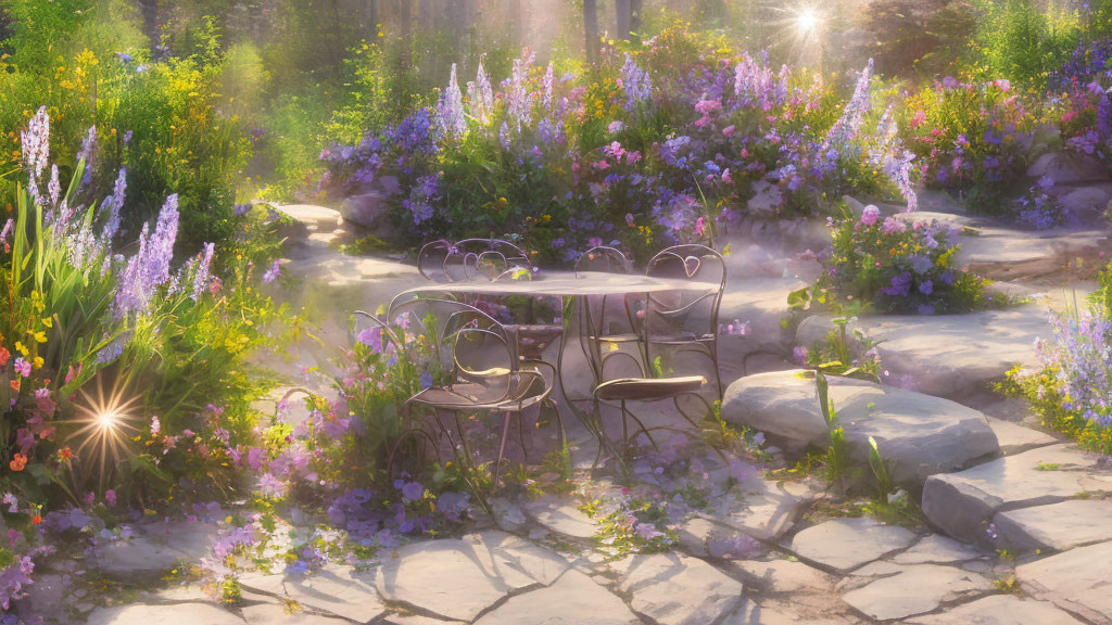 Colorful Flower Garden with Metal Table and Chairs in Soft Sunlight