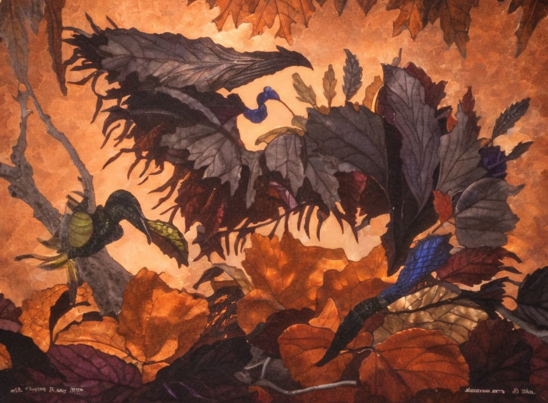 Autumn leaves painting with hidden dragon-like birds among foliage