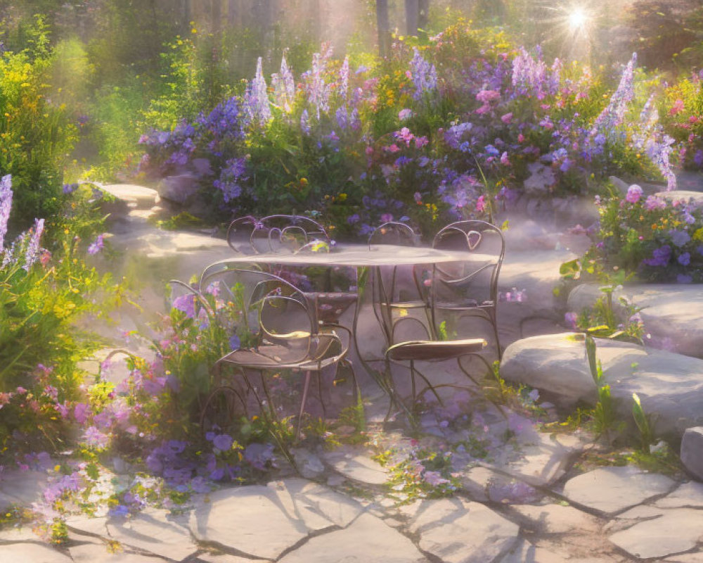 Colorful Flower Garden with Metal Table and Chairs in Soft Sunlight