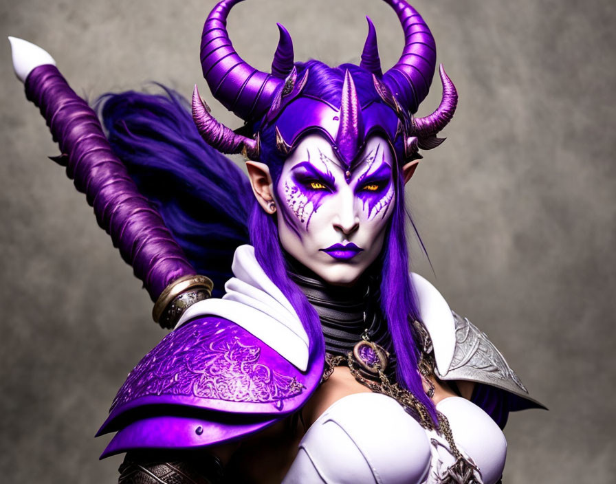 Elaborate Fantasy Cosplay with Purple Horns and Armor