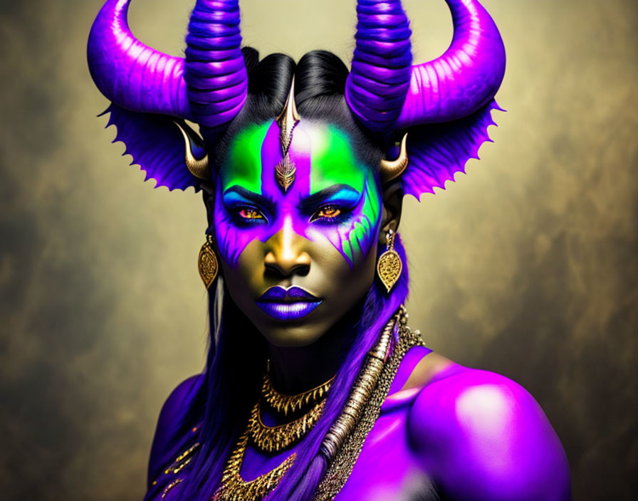 Purple-skinned horned figure with green and gold makeup and jewelry on a mystical gold background