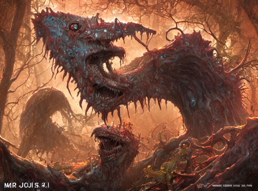 Fantastical three-headed monster in eerie forest scene