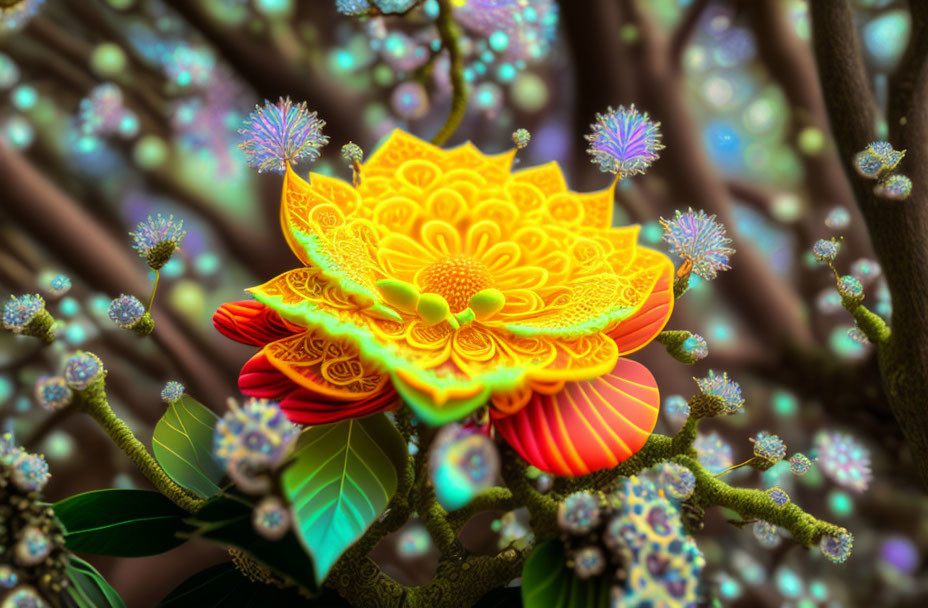 Colorful ornate flower with yellow and orange patterns on a fantastical backdrop.