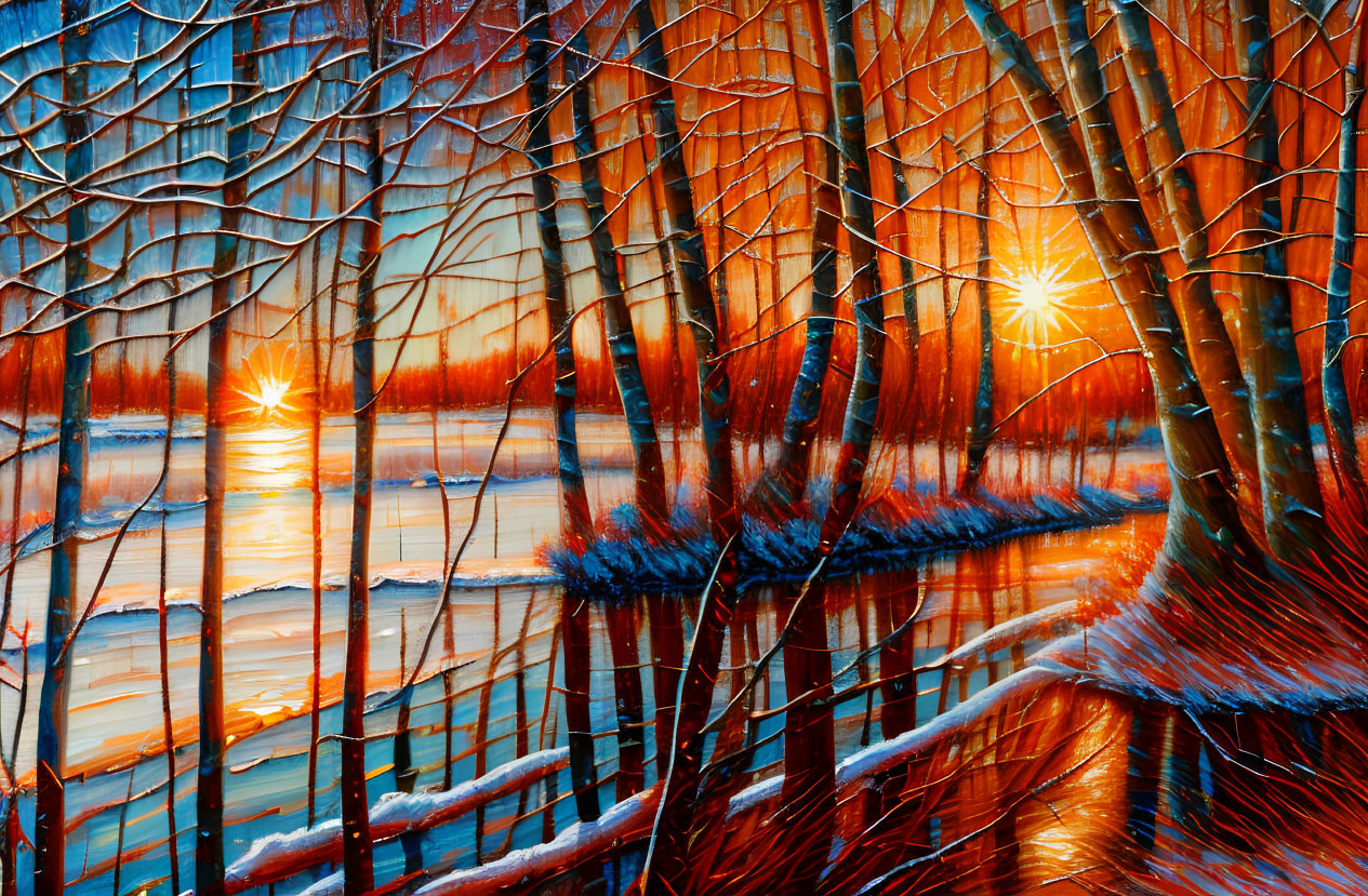 Snowy forest at sunset: vibrant oranges and blues, bare trees, sun casting long shadows