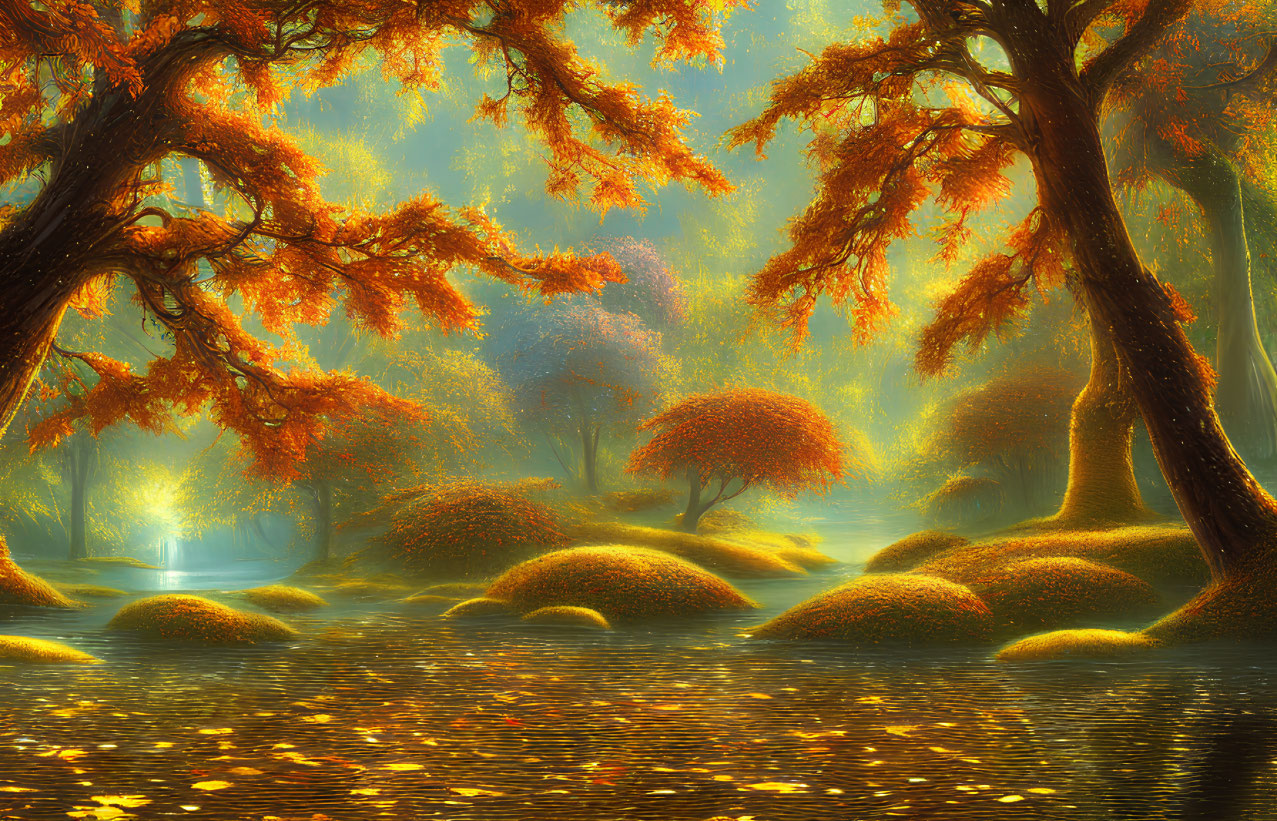 Autumn forest with golden foliage, serene river, mystical glowing light