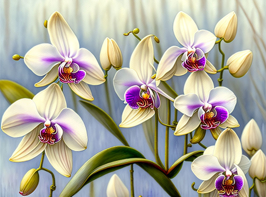 Purple and White Orchids on Blue Textured Background