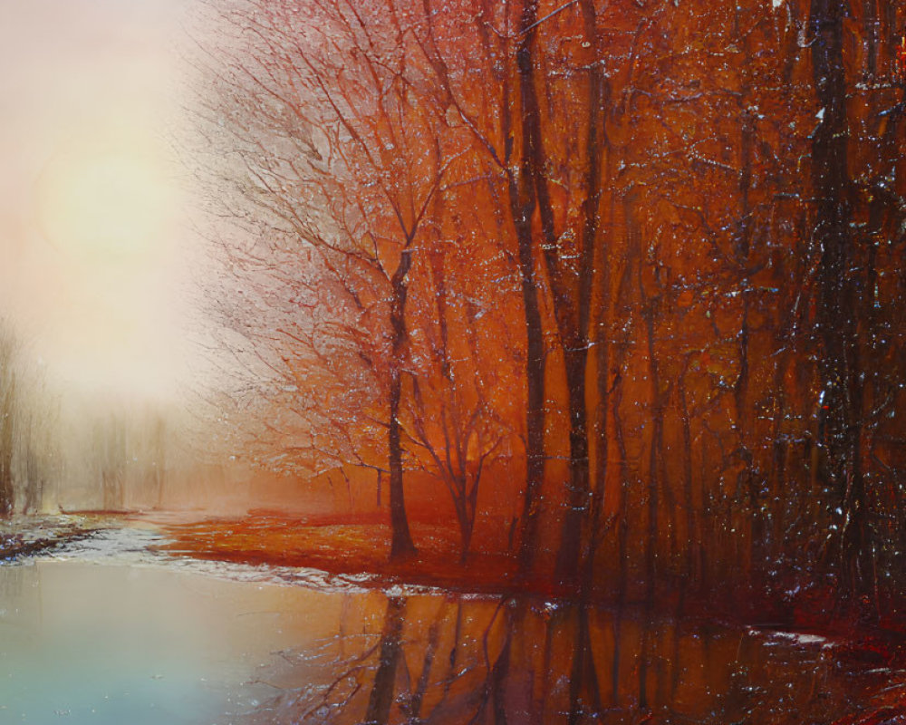 Sunlit snowy landscape with river and red-leafed trees in glowing sky