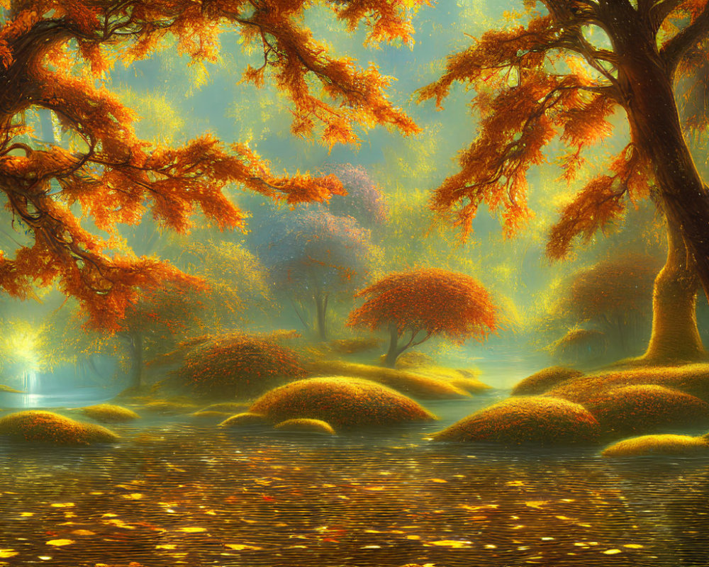 Autumn forest with golden foliage, serene river, mystical glowing light