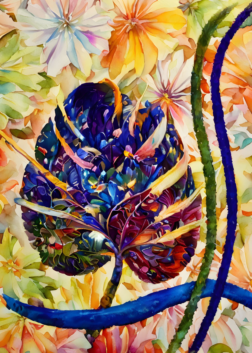 Colorful Watercolor Painting of Stylized Plant with Pastel Flowers