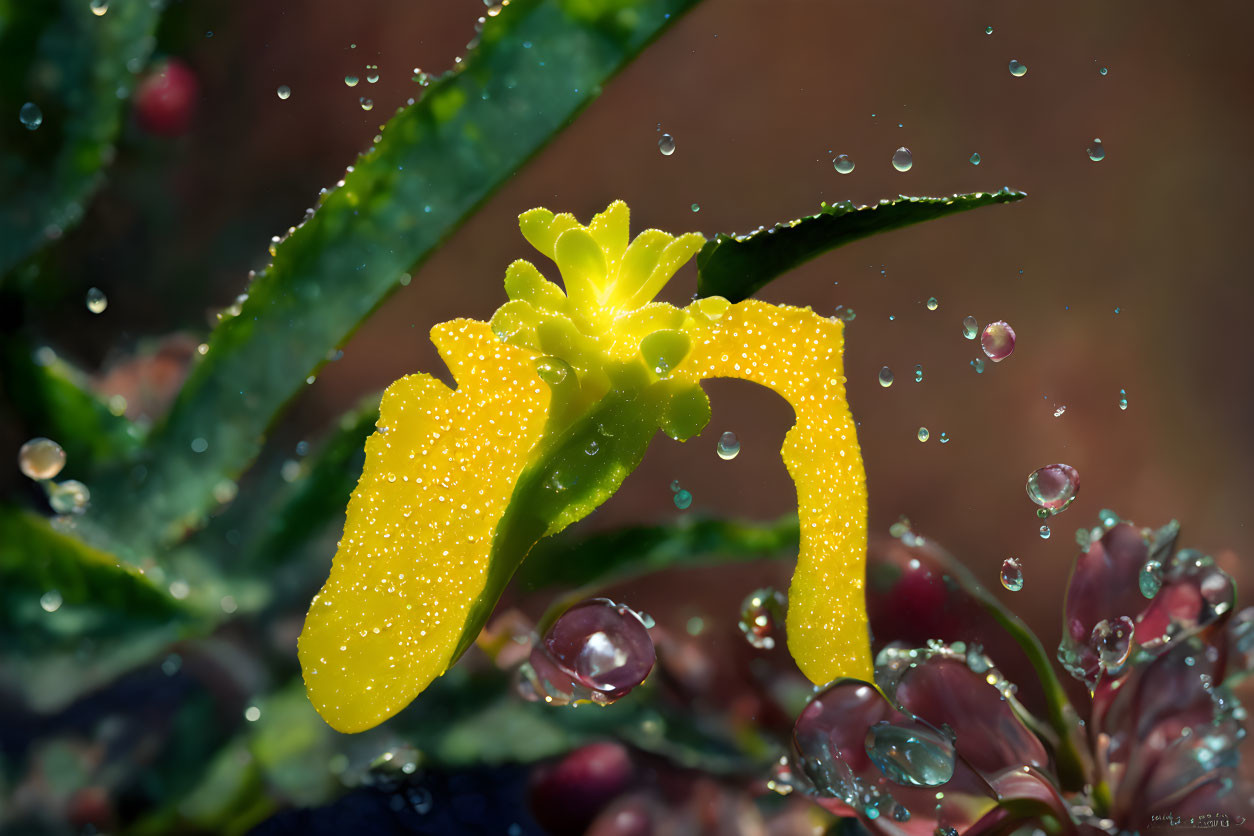 Vibrant yellow flower with water droplets and green leaves