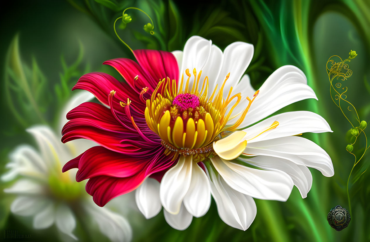 Colorful digital artwork featuring vibrant flower with pink petals and yellow stamens