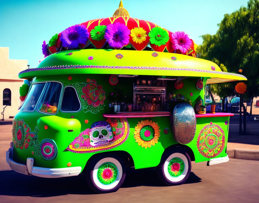 Colorful Food Truck with Floral and Skull Motifs and Decorated Umbrella