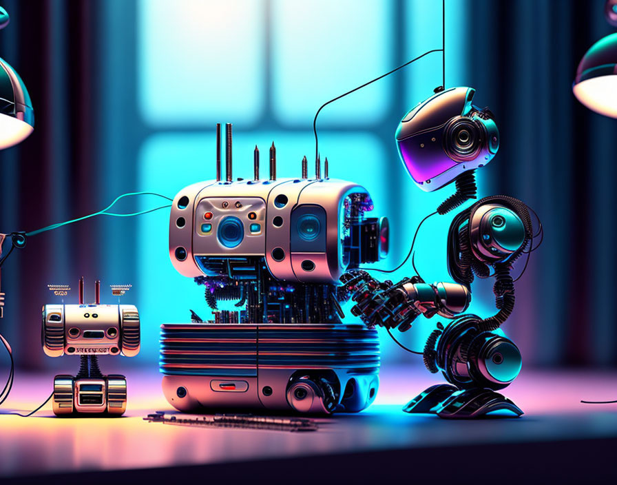 Vibrant digital artwork of stylized robots in neon-lit setting