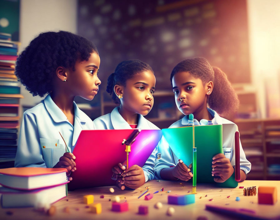 Colorful Classroom Scene: Children Curiously Observing Light Beam Through Prism