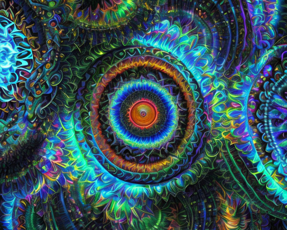 Colorful fractal pattern with swirling designs in blues, greens, and oranges around a central red eye