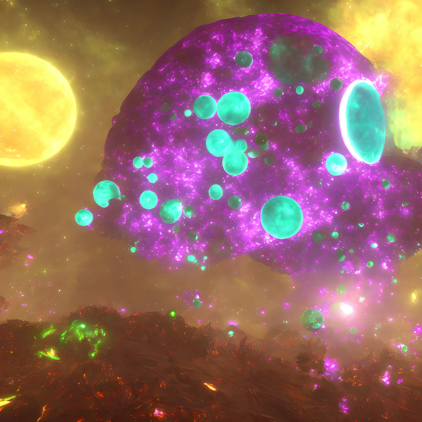 Colorful cosmic scene: purple asteroid, green bubbles, fiery sun, starry space.