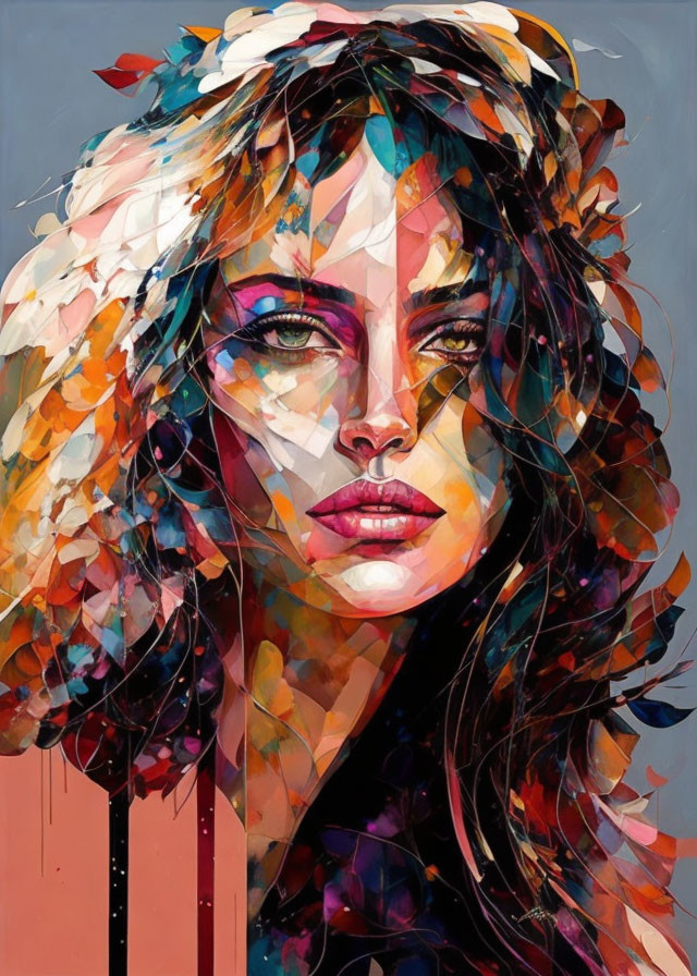 Vibrant abstract portrait of a woman with geometric and floral shapes