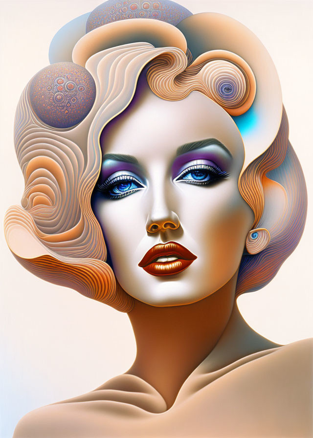 Stylized portrait of a woman with voluminous hair and vibrant makeup